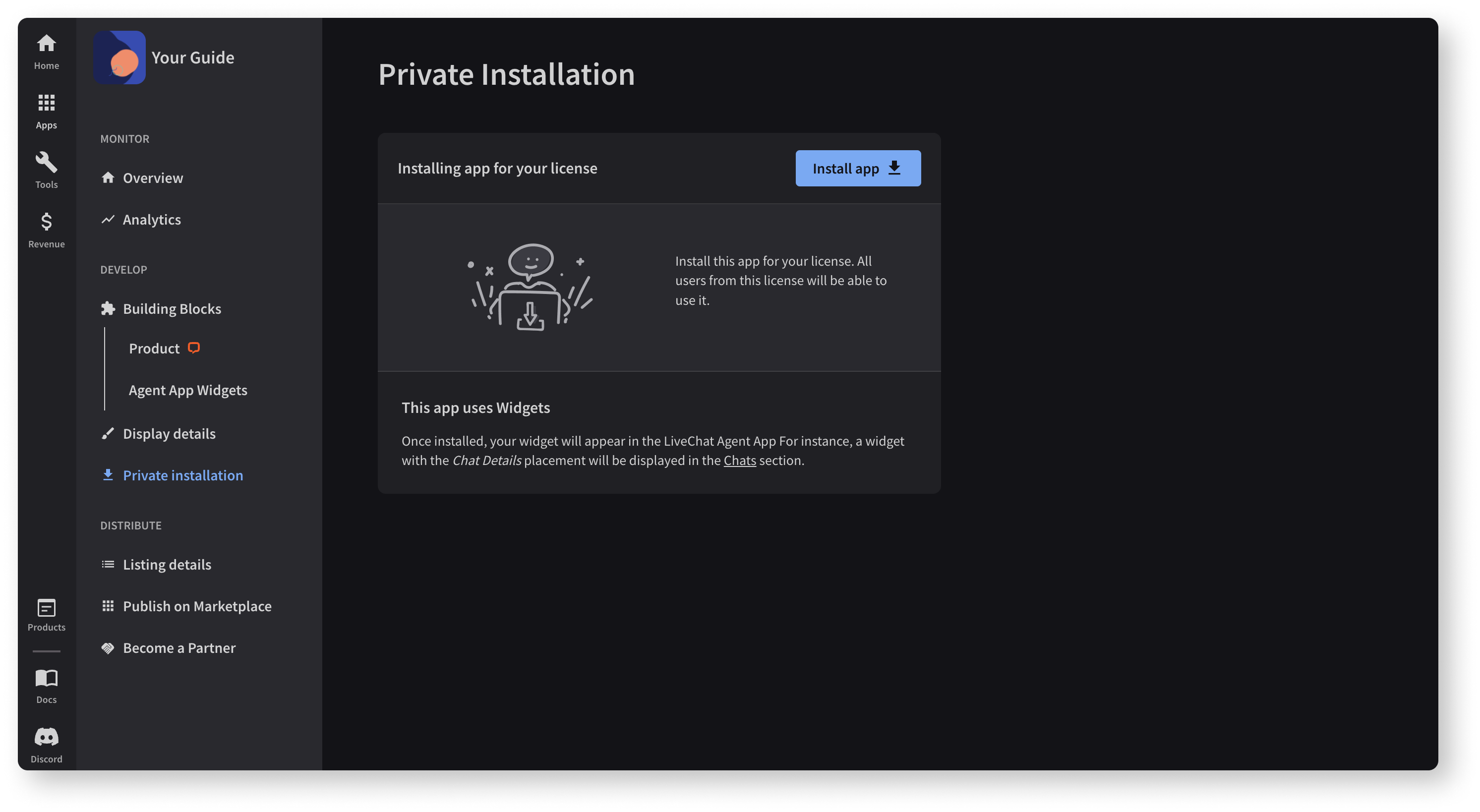 Creating LiveChat apps step 4, private installation